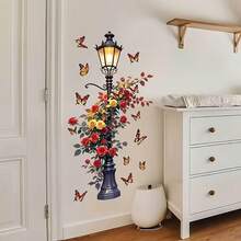1件复古街灯、花卉和蝴蝶墙贴，自粘3D装饰画，适用于客厅、玄关 - 彩色 - 查看 6