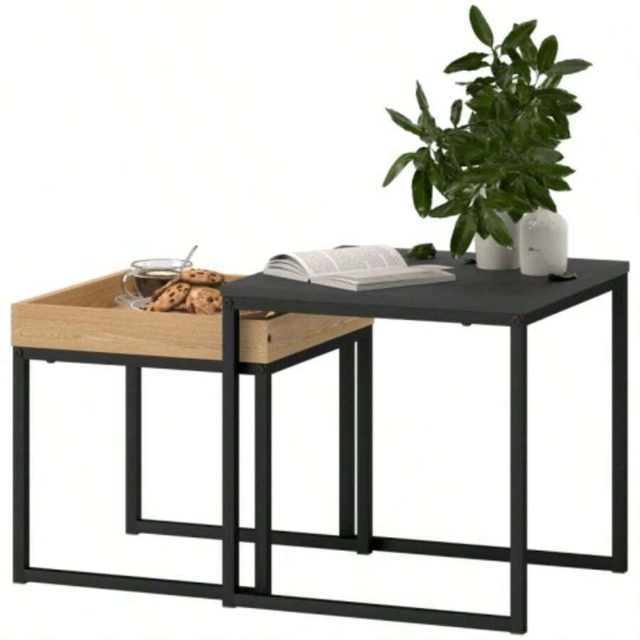 Modern Coffee Table, Set Of 2, Side Table, Ideal For Small Spaces, Square, Made Of MDF And Metal, Black. - Camel - View 1