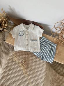 2pcs/Set Baby Boy Embroidered Fish Cotton Shirt + Striped Shorts, Spring/Summer - Apricot - View 6
