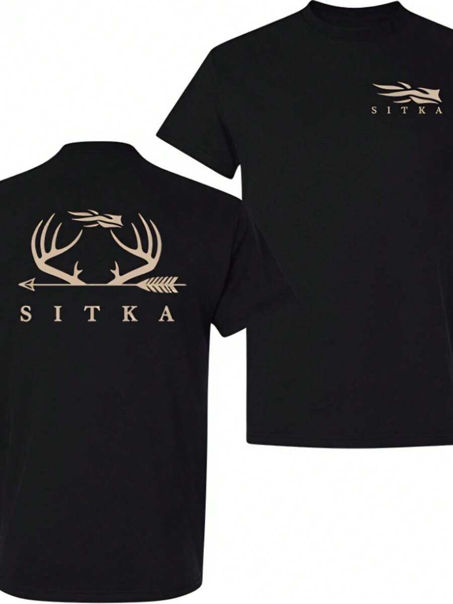 Men's Pure Cotton T-Shirt,Mens Clothes,Sitka Gear Antler & Arrow Deer Hunting T-Shirt For Men And Women, Outdoor Lifestyle Graphic Tee, Hunter Gift,,Summer Outfits - 黑色 - 查看 1