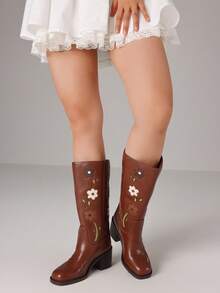 Women's Western Mid Calf Boots Chunky Block Heel With Flower Embroidery Square Toe Low Heel Comfortable Retro Cowgirl Western Boots - Brown - View 4