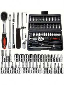 46pcs Ratchet Wrench Set, Men's Tool Kit With Hex Wrenches And Sockets, Tool Box, Auto Mechanic Tools, 1/4" Drive, Metric, With Extension Bars, Compact Multifunctional Solution For Bicycle And Motorcycle Maintenance, Auto Repair And Household Use - Steel Plated Structure, Pre-Assembled, Manual, With Storage Box - Color and Style Are Random - View 3