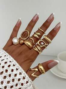 11件套波西米亚几何不对称仿珍珠镂空弧形金属时尚戒指套装，奢华优雅日常休闲派对珠宝礼品，女士