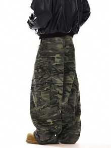 1pc Vintage American Brand Patchwork Men's Camouflage Cargo Pants, Loose Fit Comfortable Multi-Pocket Wide Leg Trousers (Belt And Accessories Not Included) - Coffee Brown - View 2