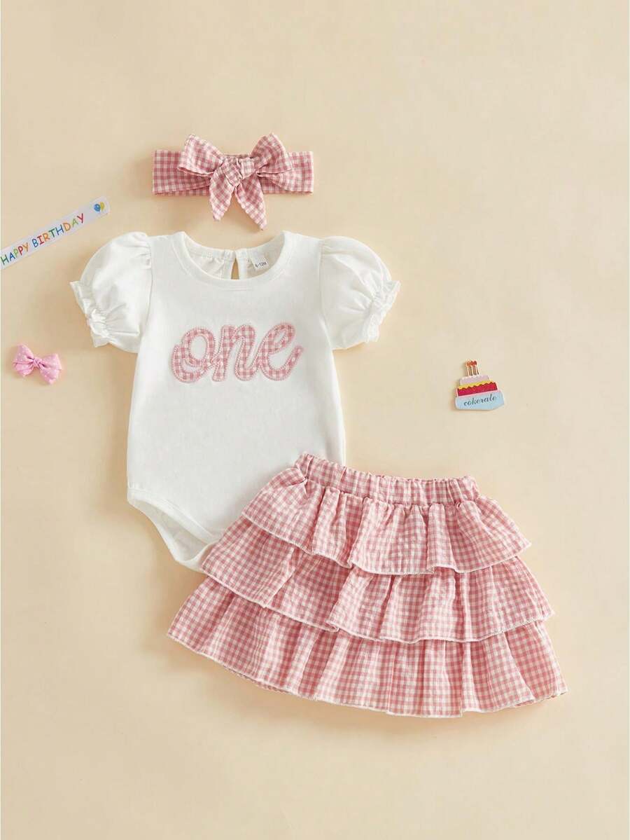 3Pcs Baby Girl 1st Birthday Outfit One Birth Letters Embroidery Bubble Short Sleeve Romper Bodysuit And Tiered Layered Tutu Skirt Plaid Princess Dress And Headband - 粉色 - 查看 1