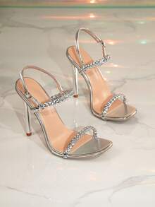 Fashionable Sexy Open Toe Slip-On High Heel Sandals, Silver Woven Strap, Suitable For Party, All Season - Silver - View 2
