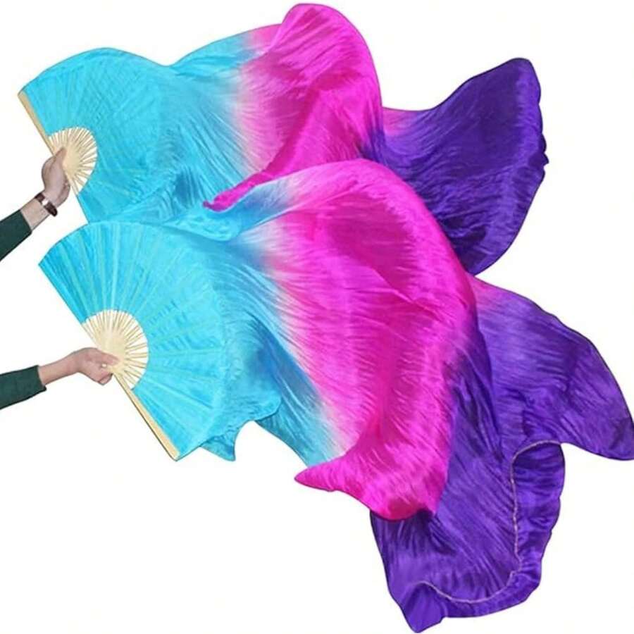 1 Pair(Left+Right) Belly Dance Fan Artificial Silk Fans,Colorful Dancing Fabric Fans,Long Folding Belly Dance Fans Dancing,Length 180cm Width 90cm - 藍色漸層紫色 - 查看 1