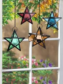 1 pieza Elegante soporte de hierro colgante con forma de estrella de vidrio para vela, Portavelas de té con estrella de 5 puntas vintage a prueba de viento, Adecuado para decoración del hogar, jardín, restaurante, patio