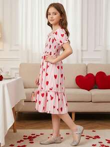 Girls' Sweet Heart Pattern Puff Sleeve & Ruffle Hem Decorated Princess Dress, Summer Beach Holiday Party Outfit - Multicolor - View 5