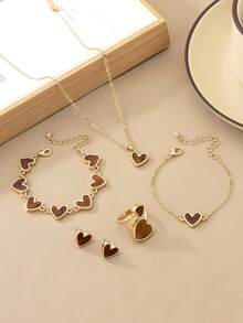 1 Brown Heart Pendant Necklace, 1 Pair Earrings, 1 Ring, 2 Bracelets Women Jewelry Set For Valentine's Day - Brown - View 1