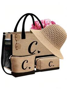 Bộ 4 túi đi biển, thiết kế in hình trái tim độc đáo với các chữ cái từ A đến Z. Mũ chống nắng khoét lỗ mùa xuân hè, mũ xô kiểu Bohemian và mũ len thoáng khí vành rộng kiểu ngư dân. - Nhiều màu - Xem 15