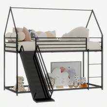 Twin Over Twin Bunk Bed With Slide For Children's Bedroom, House-Shaped Bed Frame With Ladder, No Box Spring Required & Easy To Assemble - 黑色 - 查看 5
