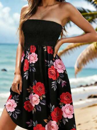 女士碎花拼接无肩带抹胸连衣裙，夏季沙滩罩衫