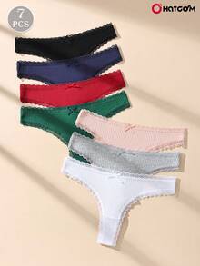 7pcs/Pack Solid Color Cotton Bow Tie Thong Panties, Sexy Lace Patchwork Ribbed Women's Underwear - Multicolor - View 3