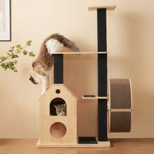 Solid Wood Cat Tree With Exercise Wheel – 80*40*152 Cm. Scratching Post With 4 Platforms, 2 Cat Houses, Sisal Posts & Washable Scratching Mats, Cat Roll, Cat Exercise Wheel, Cat Tree, Cat Climbing Frame - Natural Color - View 9