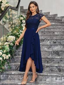 MIUSOL Colorblock Floral Lace Chiffon Ruffle Hem Formal Party Dress, Elegant Bridesmaid Dress, Semi-Formal Ladies Dress, Suitable For Vacation, Graduation Ceremony, Gala And Other Occasions - Navy Blue - View 6