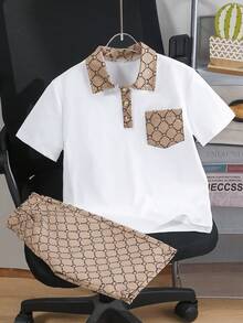 2pcs Boys Polo Shirt & Shorts Set, Collar Print Patchwork Short Sleeve Knit T-Shirt With Pockets Printed Shorts, Casual Wear For 8-12 Years Old - 駝色 - 查看 1