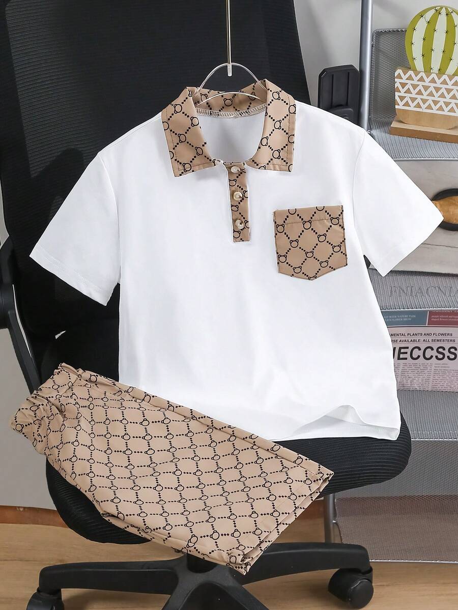 2pcs Boys Polo Shirt & Shorts Set, Collar Print Patchwork Short Sleeve Knit T-Shirt With Pockets Printed Shorts, Casual Wear For 8-12 Years Old - 駝色 - 查看 1