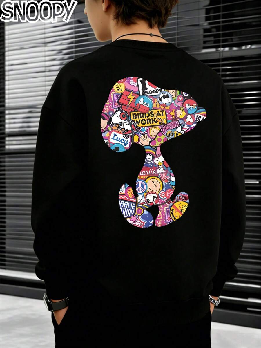 Snoopy Authorization,Snoopy Silhouette Cartoon Sticker Graffiti Print Modern Punk Crewneck Sweatshirt, Autumn And Winter Children's Fleece Sports Sweater, Suitable For Boys And Girls For Daily Commuting, School, And Casual Sportswear. Long-Sleeved Top, Perfect For Holiday Parties, Outdoor Activities, And Travel. - màu đen - Xem 1