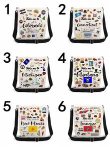 Take Me To Themed Graphic Crossbody Bag, Unisex Reusable Shoulder Messenger Bag, Casual Versatile Courier Bag With Colorado, Connecticut, Michigan, Montana, New Mexico, Tennessee State Prints, Convenient Travel Themed Gift For US State Enthusiasts - Multicolor - View 3