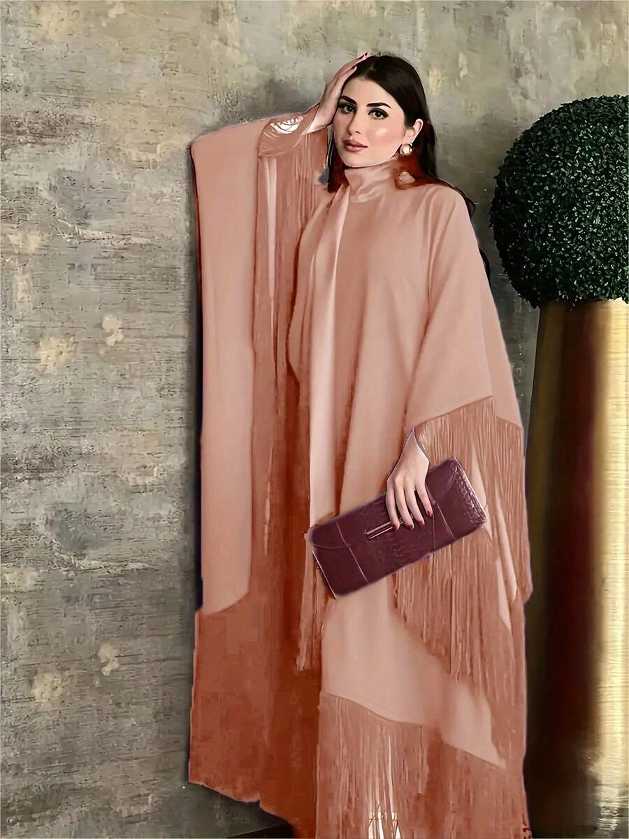 Elegant Fringe Kimono, Loose Abaya Robe - Pink - View 1