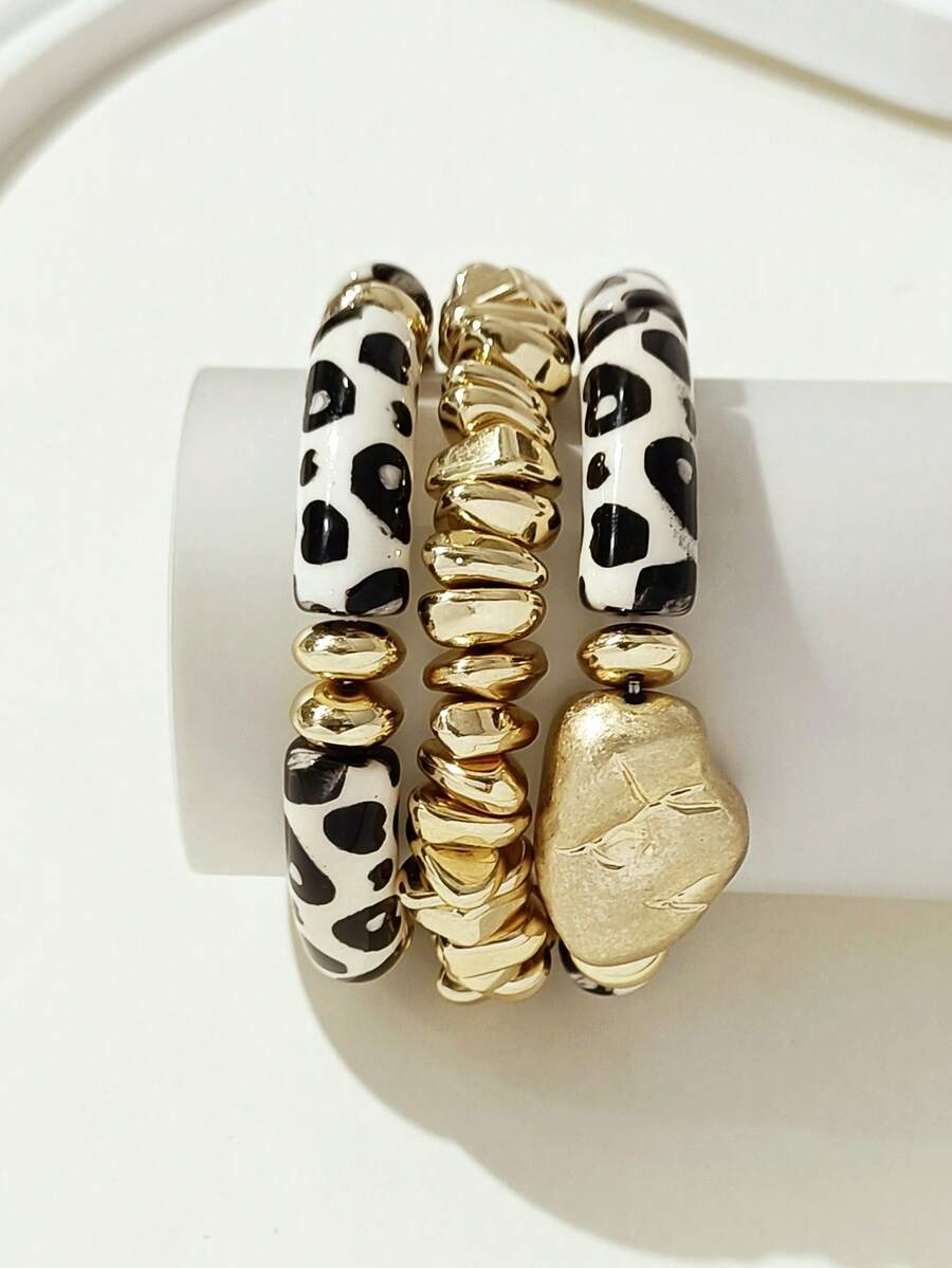 3pcs Vintage Exaggerated Thick Multi-Color Acrylic Beaded Bracelet Set, Suitable For Women's Daily Wear - Multicolor H - View 1