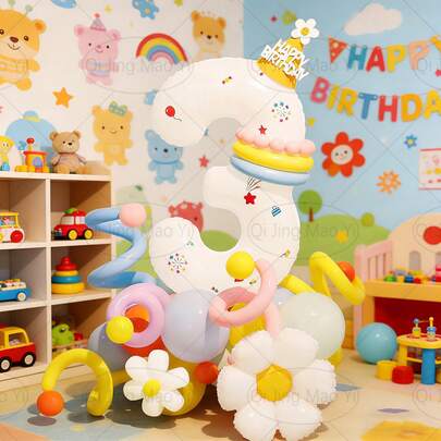 27pcs Daisy Theme Birthday Balloons For 1-9 Years Old, Includes Daisies, 32-Inch White Numbers, Yellow, Orange, Blue Latex Balloons (Excluding Birthday Hat), Suitable For Birthday Party Decoration, Anniversary Celebration, Baby Shower, Holiday Events, Photography Props, Surprise Gift For Son Or Daughter