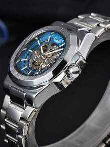 LONGLUX 1pc Men's Hollow Automatic Mechanical Watch, Stainless Steel Strap, Business Wrist Watch
