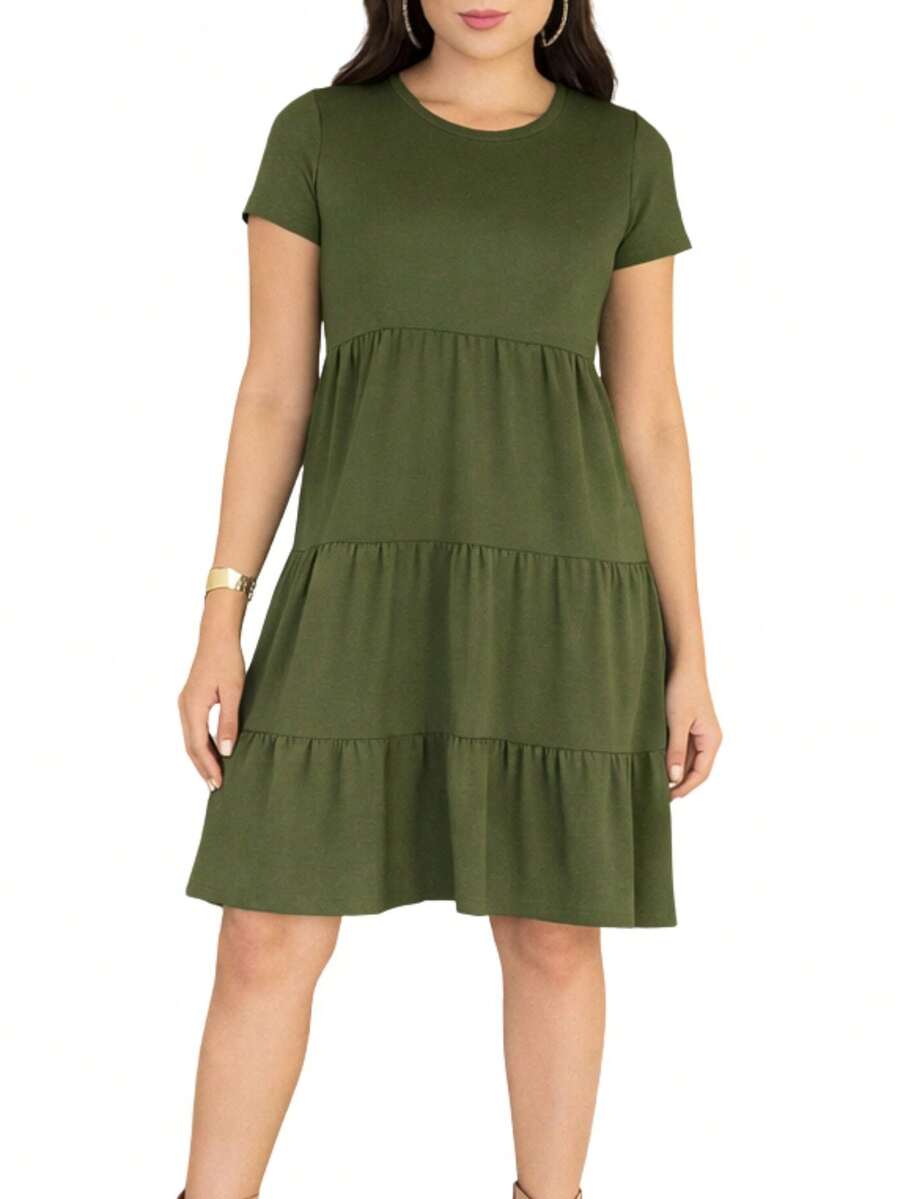 Three-Tiered Dress With Short Sleeves In Knit Fabric, Modest Fashion. - Army Green - View 1