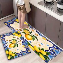 Lemon Orange Slice Pattern Kitchen Mat With Blue Star Border - Yellow Green Floral Spice Decor, Non-Slip For Tiled Floor, Fresh Vibrant Design For Home Countertop, Cabinet & Dining Area Mat - 白色 - 查看 3