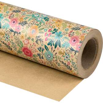 10m/Rollo, Rollo de papel de regalo floral de papel kraft - Mini rollo - Ancho: 17 pulgadas (43 cm) - Diseño floral de jardín de primavera y verano, perfecto para bodas, despedidas de soltera, celebraciones de cumpleaños