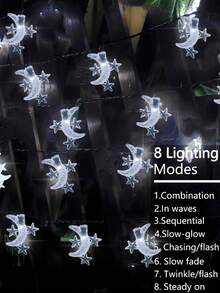 1 Stück Outdoor Solar betriebene Stern & Mond Lichterkette - 5m/7m/17m, 8 Beleuchtungsmodi, 20/50/100 LED Perlen, IP65 wasserdicht, Outdoor Feiertags Dekorative Beleuchtung, Mubarak Fairy Lights, geeignet für Garten, Hof, Pavillon, Terrasse, Veranda, Camping, Hochzeit, Party, Geburtstag, Eid Dekoration (Warmweiß/Weiß/Farbig) - Taubenblau - Übersicht 5