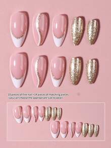 24片金色闪光白色法式尖头亚克力美甲贴片，提升您的时尚品味。杏仁形设计，完美贴合。亚克力美甲套装包含：1片果冻胶和1把指甲锉。法式美甲适合女性日常佩戴，也适合派对和锐舞派对。美甲用品 - 彩色 - 查看 3