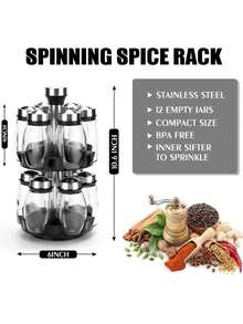 [US-Based Shipping]12JAR Set Large Capacity Revolving Spice Rack Tower - 360° Rotation, Organizer Storage For Kitchen, Spice Stand Holder, Spinning Countertop Herb And Spice Rack Organizer With 12 Glass Jar Bottles Set. Lead-Free, Polished Metal, Glass Containers - Space-Saving Kitchen Organizer With 12 Glass Spice Refill Jars For Cabinet Countertop (Spices Not Included). Adjustable Outlet Size, The Cap Has Three Kinds Of Discharge Ports And It Can Be Rotated According To The Particle Size, And The 360°Rotation Can Be Switched At Will. Large Bottle Mouth, Easy And Convenient When Filling The Seasoning, Will Not Spill Easily, Dustproof And Moisture-Proof, Good Airtightness.They Are Easy To Clean, And Can Be Thrown On The Dishwasher So You Don't Have To Scrub Again. - 彩色 - 查看 6