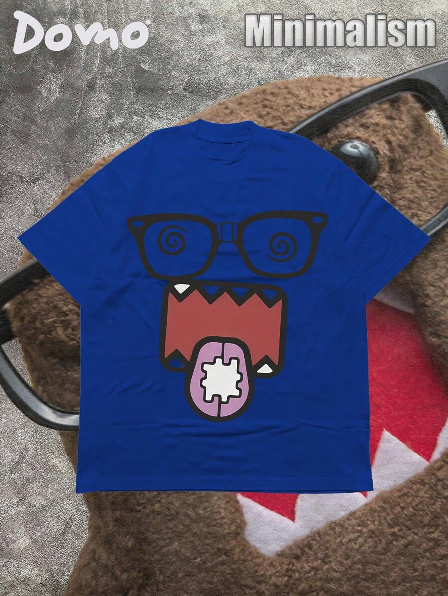 DOMO-KUN Patterned T-Shirt (220g Cotton T-Shirt) Printed T-Shirt, Graphic Tee, Unisex T-Shirt, Casual And Comfortable, Men's Cotton T-Shirt. Interesting Pattern T-Shirts, Street Life, Home Leisure, Friends Gathering,Graphic Tees Men - Màu xanh lam - Xem 1