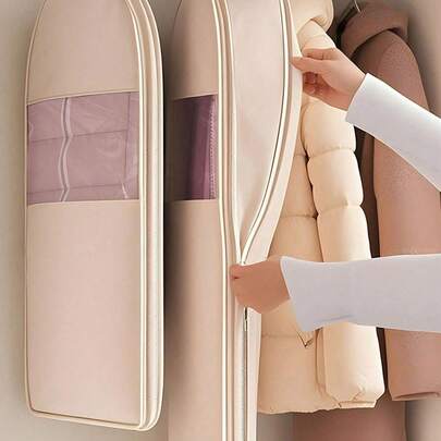 1pc Thick Quilted Garment Storage Bag, Hanging Vacuum Compression Bag, Space Saving Wardrobe, With Visible Window, Self-Sealing Zipper, Dust-Proof, Reusable, Suitable For Down Jackets, Coats, Dresses, Ideal For Home, School Closet Organization, Best Gift For Female Students, Hot Selling Product, Storage Box
