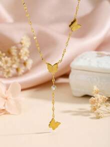 1 pezzo Collana lunga con ciondolo a farfalla in acciaio inossidabile placcato oro opaco, delicata collana choker, adatta per strada, feste, appuntamenti, compleanni, vacanze e uso quotidiano - Oro giallo - Visualizzare 2