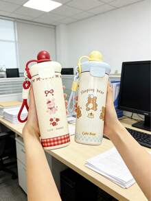 可爱卡通造型不锈钢水瓶，专为女孩设计 - 双层真空隔热，防漏吸管盖，适合上学、上课和玩耍时使用 - 彩色 - 查看 7