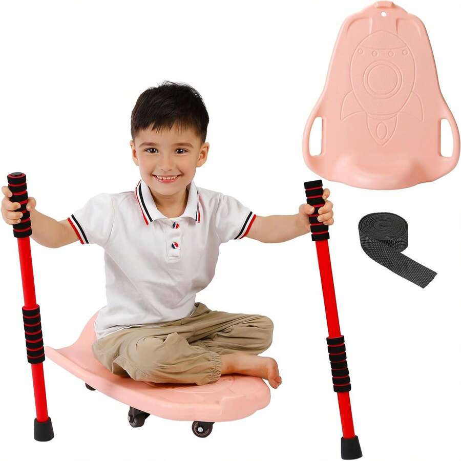 GCCSJ 6-Wheel Kids Paddle Scooter With Adjustable Handlebar & Safety Buckle – Sensory Balance Training Scooter With 2 Oars, Indoor/Outdoor Active Play Toy For Toddlers Boys Girls (Pink)