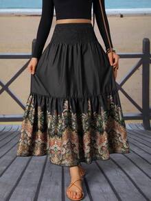 女士波西米亚风高腰褶皱印花喇叭形多层长裙，丝滑无弹力涤纶面料，优雅休闲，适合度假、海滩等场合，黑色 - 黑色 - 查看 10