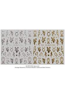 2张复古浪漫轻奢金属色浮雕美甲贴纸，5D精致贴纸，包含星星、蝴蝶结、皇冠、爱心、花朵、箭头等图案，斋月主题，易于粘贴，DIY美甲装饰，节日礼物，Y2K风格 - 彩色 - 查看 8