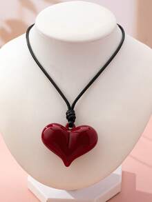 1pc Elegant Angola Red Geometric Heart Braided Adjustable Necklace, Women's Minimalist Cute Heart Pendant Necklace, Valentine's Day Holiday Gift, Party Accessory - Red - View 5