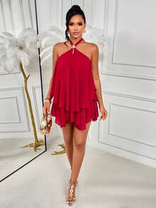 AIJ Amarilo Tiered Ruffled Cake Mini Dress - Summer Beach Vacation Dress For Daily Dates, Night Outings, Clubs, Parties, Gatherings, Cocktail Parties, Pool Parties & Festive Occasions - Red - View 5
