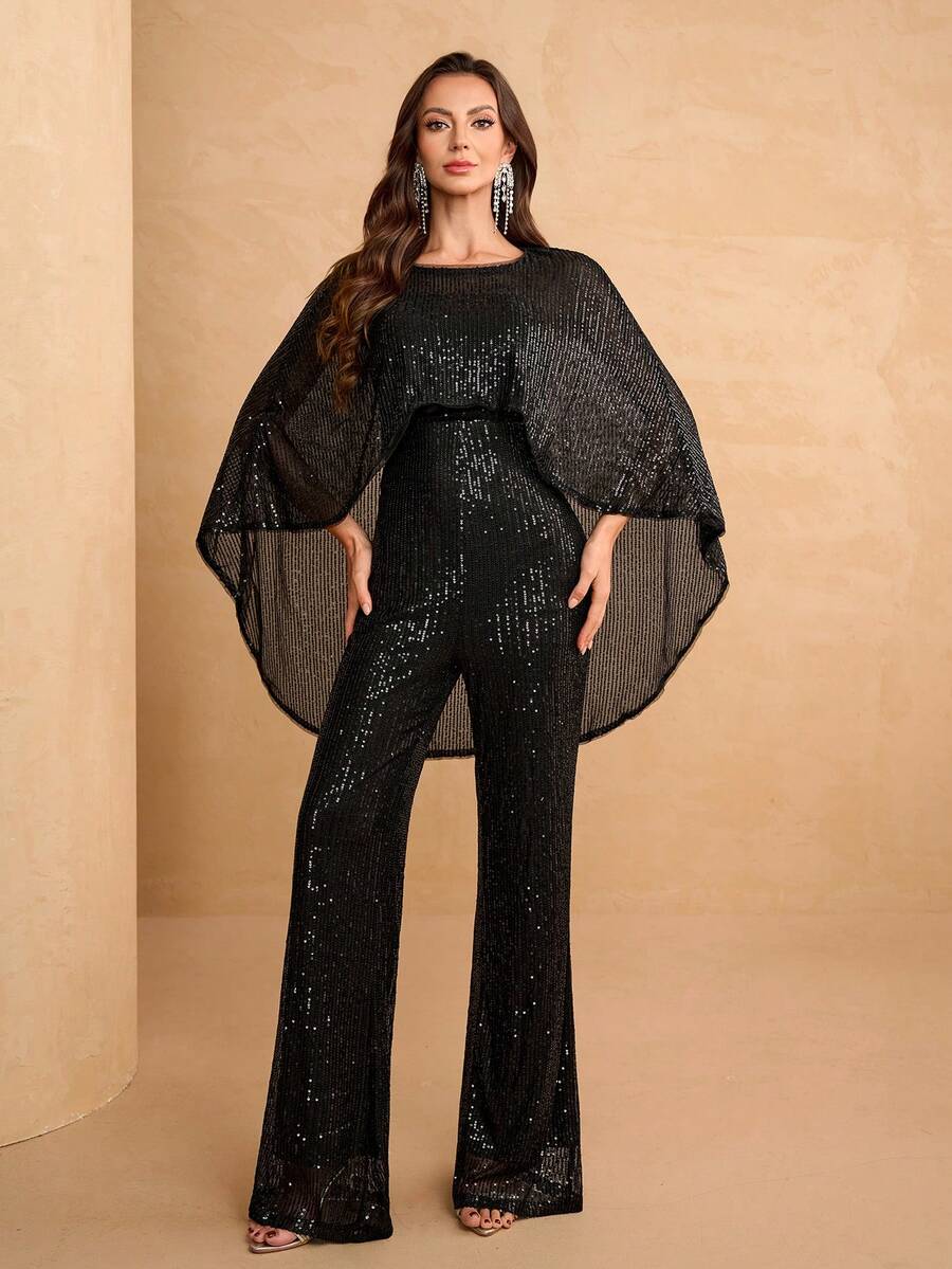 YISIKADO 女士亮片连体裤优雅两件套，圆领披肩领闪亮套装，适合派对、夜店、返校、假日等场合，黑色系，春季婚礼百搭