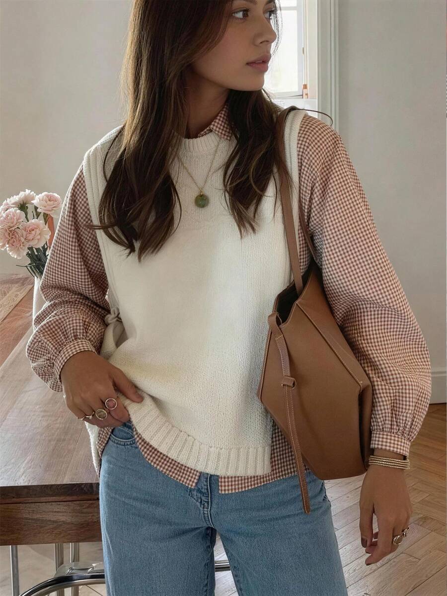 Women's Casual Elegant Side Knot Round Neck Knit Vest Sleeveless Pullover Sweater, Solid Color, Minimalist Style, Suitable For School, Home, Vacation, White - White - View 1