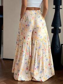 Quần ống rộng dáng suông nhẹ nhàng dành cho nữ, họa tiết hoa nhí khắp thân quần, chi tiết thắt nút và viền bèo nhún có túi, thích hợp cho kỳ nghỉ xuân. - Nhiều màu - Xem 4