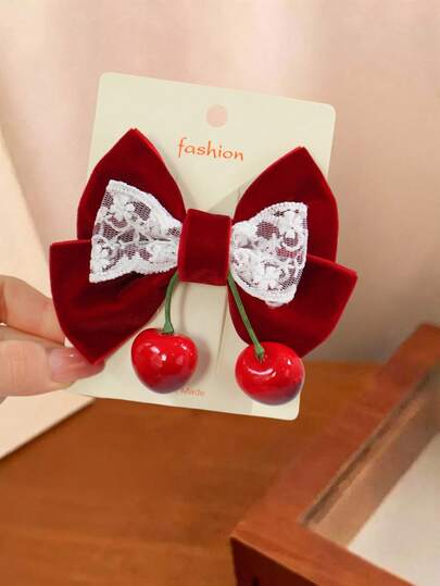 1pc Girls' Burgundy Velvet Lace Bow Cherry Decor Side Ponytail Cute & Elegant Bow Hair Clip