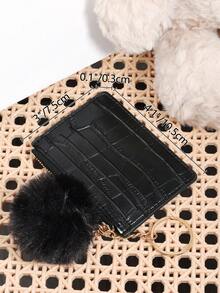 Adorned With A Delicate Pom Pom,Black Stone Pattern Alligator Print PU Portable Zipper Ultra-Thin Minimalist Small 6-Card Pack,Multi-Card Purse, Fashion Men'S And Women'S Short Wallet Simple Daily Use - Black - View 9