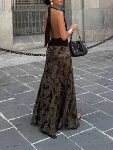Chân váy maxi cổ yếm màu nâu dành cho nữ | Chân váy xòe không tay cổ chữ V sâu, họa tiết paisley, thích hợp cho kỳ nghỉ và lễ hội mùa xuân. - màu nâu - Xem 4