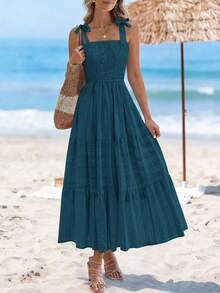 Women Summer Sleeveless Tie Shoulder Strap Smocked High Waist A-Line Long Maxi Dress Boho Beach Holiday Vacation Valentine Sundress With Pockets - cái hồ màu xanh - Xem 6